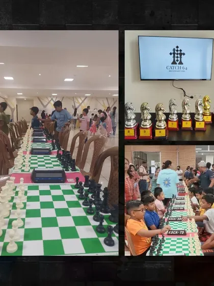We handle every detail of tournament organization. This collage shows the professional setup at the PT Ganeshotsav 2023 event, from the long rows of chessboards and clocks to the impressive display of trophies awaiting the winners.