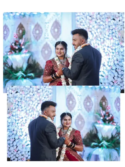 A collage of the couple sharing a look on stage during their reception.