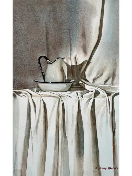 The final version of the monochrome still life. The simplicity of the palette allows the focus to be entirely on form and texture.