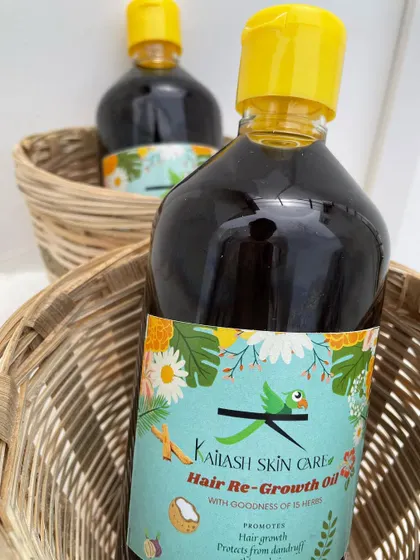 My Hair Re-Growth Oil is another product I'm very proud of. It's made with a blend of 15 traditional herbs to help with hair growth and reduce dandruff. I offer it in larger 500 ml bottles for my regular customers.