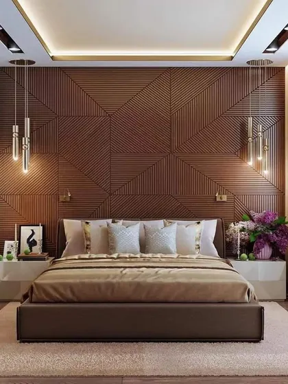 The geometric-patterned wooden headboard is the star of this bedroom. I paired it with elegant pendant lights and simple bedside tables to create a look that is both intricate and uncluttered.