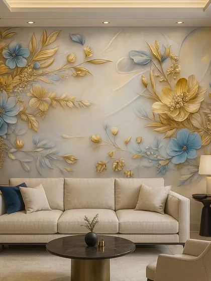 This elegant wallpaper features a delicate arrangement of blue and gold flowers. The design is both artistic and sophisticated, adding a touch of luxury to the wall.