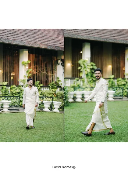 The groom's portraits, showing his stylish entrance and happy demeanor on his wedding day.