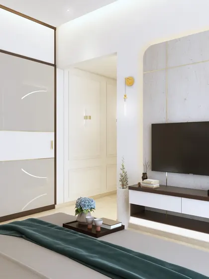 A 3D render from my "Serenity" project, showing a bedroom with a clean, modern aesthetic. The wardrobe has subtle gold accents, and the TV unit is set against a simple, elegant wall.