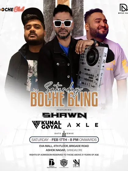 This flyer for 'Saturday Boche Bling' features me alongside other DJs. I frequently perform as part of a larger lineup for club nights and festivals.