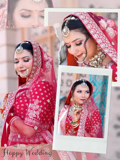 A collage of the bride, Samridhi, in her stunning pink wedding lehenga, capturing her beauty and joy.