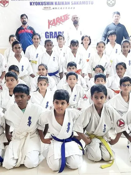 A group photo from our 66th Bangalore Grading event. Each belt represents a new level of understanding and commitment to the art of Kyokushin.