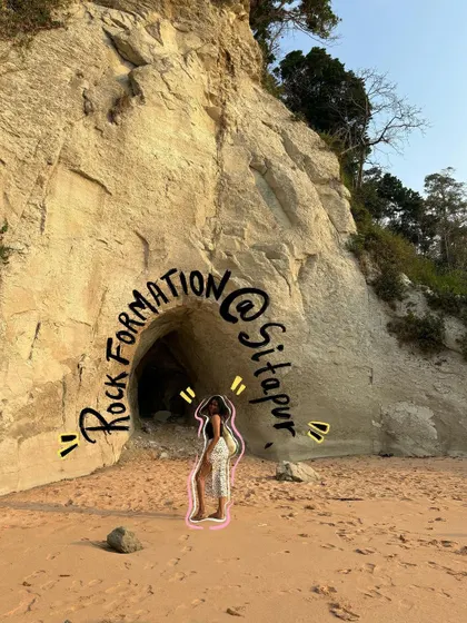 The amazing rock formations at Sitapur beach, with a text doodle to label the location.