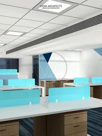 A 3D render of the Patton House office interior in Koramangala. This concept shows the proposed layout, color scheme, and custom furniture, including the wood-clad pillar and geometric wall graphics.