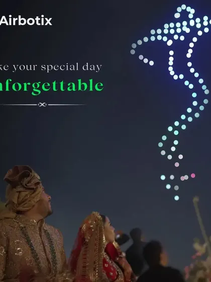 A bride and groom look up as a drone formation of Lord Ganesha blesses their union from the sky. This is one of our most requested formations, adding a sacred and auspicious element to the celebration.