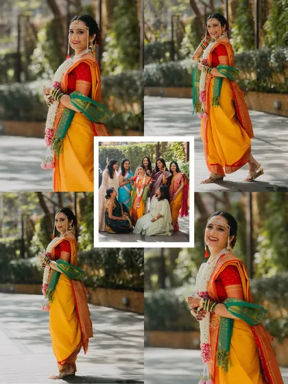 A collage of the bride in her yellow nauvari saree, posing with her bridesmaids. It captures her individual portraits as well as the fun she has with her friends.