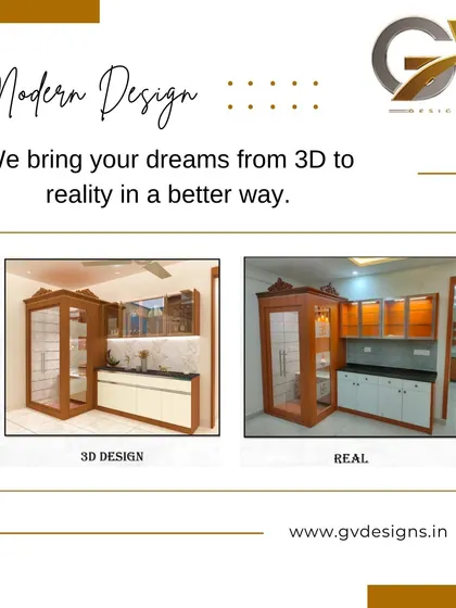 We bring your dreams from 3D to reality. This image compares our initial 3D design for a crockery and pooja unit with the final, real-life installation, showing how accurately we translate our visualizations into finished products.