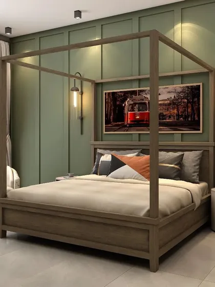 This serene bedroom in a Nainital villa features earthy green tones and a classic wooden four-poster bed, creating a tranquil escape with mountain views.