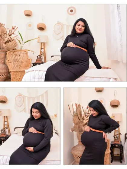 A trio of solo portraits in our Boho bedroom. These different angles and poses highlight the beauty of the baby bump and the serene, happy expression of the mom-to-be.