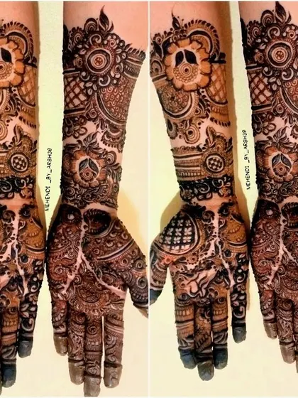 A collage showing different angles of a complete bridal henna design. This gives you an idea of how the pattern flows from the palm to the back of the hand and up the arm.