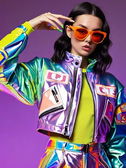 A vibrant cyber-pop concept featuring a cropped holographic jacket with neon yellow and pink accents. Paired with bright orange sunglasses, this AI visual is perfect for a brand wanting to capture a playful, futuristic street style.