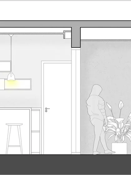 This elevation study focuses on a kitchen and bar area. Through such drawings, we plan the interplay of lighting, materials, and spatial volumes to create functional yet beautiful interiors.