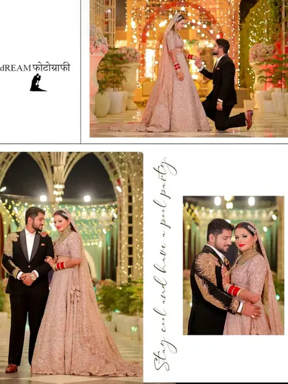 A collage of Tanu and Kunal's reception, showing the groom's proposal and other romantic moments.