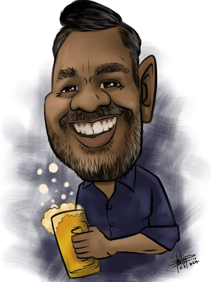 A man enjoying a glass of beer. A perfect caricature for a friend who loves a good brew.