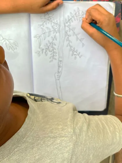 This student is focused on drawing the structure of a tree, paying close attention to the branches and leaves. It's a great exercise for understanding organic shapes and patterns.