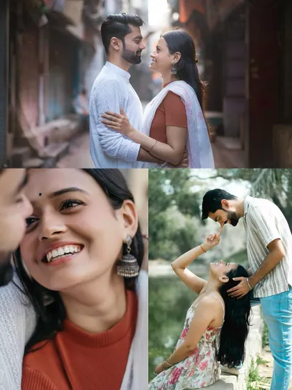 A collage of moments from an urban exploration shoot, from intimate gazes in narrow lanes to playful interactions, telling a diverse city love story.
