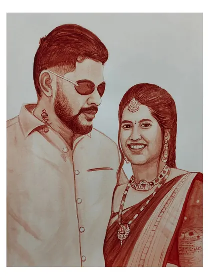 A modern couple's portrait created with blood. The man's neck tattoo and sunglasses are captured with sharp detail, showing the versatility of this unique medium.
