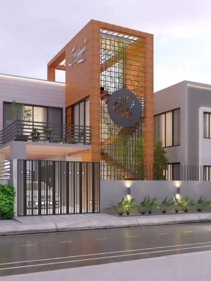 An upcoming residence design featuring a prominent brick-clad tower that houses the staircase. This element acts as a central design feature, with a metal screen adding a layer of texture and privacy.