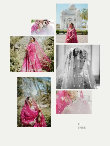 A beautiful collage summarizing the bride's look for her Anand Karaj. It includes portraits at the Gurudwara, close-ups, and a timeless black and white shot.