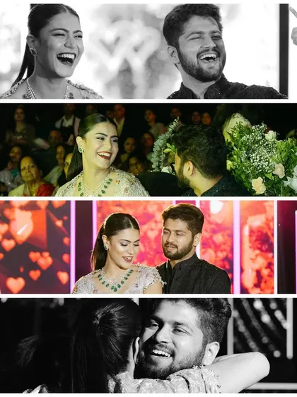 A collage of black and white photos capturing the laughter and joy of a Sangeet night, highlighting the emotional connection between the couple.