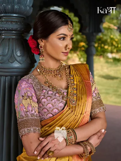 A glimpse of the Janaki Rama story, with a delicate hand-embroidered deer motif on the sleeve, capturing the purity of Sita's love for nature.