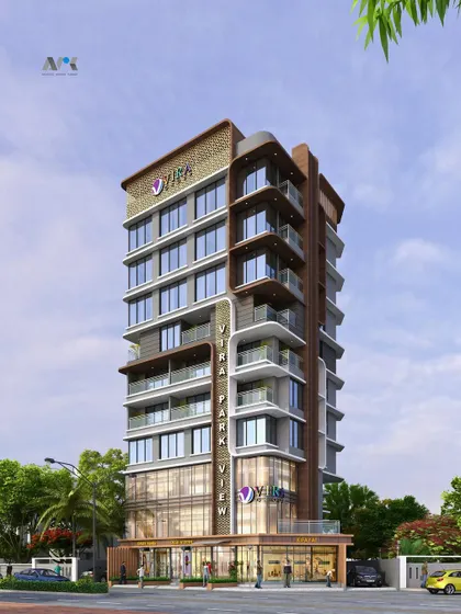 Vira Park View, an ongoing residential project in Vile Parle, Mumbai. The design combines retail spaces at the base with residential floors above, featuring modern aesthetics with curved balconies.