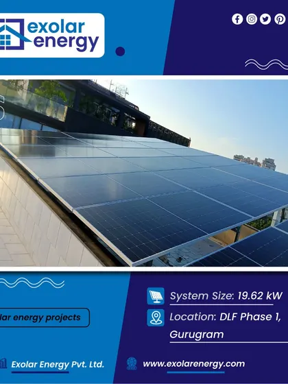 A 19.62 kW solar project in DLF Phase 1, Gurugram, installed on a modern building to complement its architecture while providing clean energy.