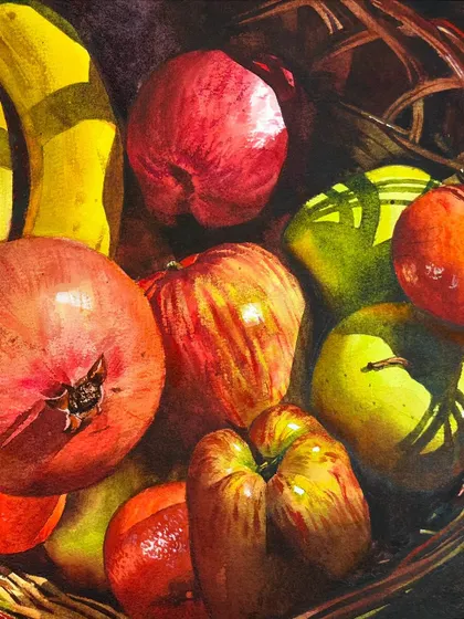 A still life of a fruit basket, used as an example for my watercolor course. The composition is a study in color, light, and the texture of the woven basket.