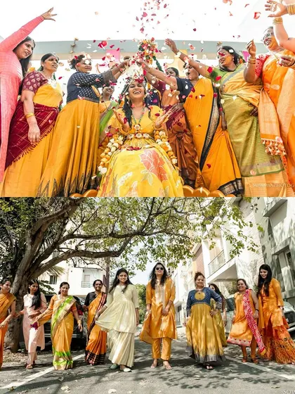 A collage from a vibrant Haldi ceremony, capturing the bride's family and friends as they walk together and celebrate with flower petals.