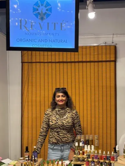 Here I am at our booth at Four Seasons. I love meeting customers and sharing my passion for plant-powered products that are safe for your skin and the environment. All our actives are eco and COSMOS certified.