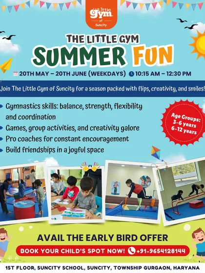 Our Summer Fun camp is the perfect way to fill school holidays with productive play. This poster highlights our blend of gymnastics to build balance and strength, group games for making new friends, and creative activities, all designed for children from 3 to 12 years old.