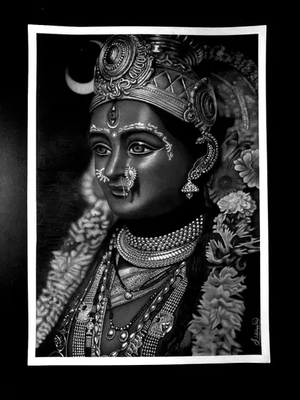 A hyper-realistic pencil drawing of Matarani. I spent 28 hours on this A3 piece, using fine-tipped pencils to capture the intricate details of her jewellery and serene expression.