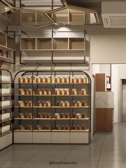This render focuses on the practical aspects of the store layout, showing the relationship between the retail shelves, the elevator for accessibility, and the back-of-house counter area.