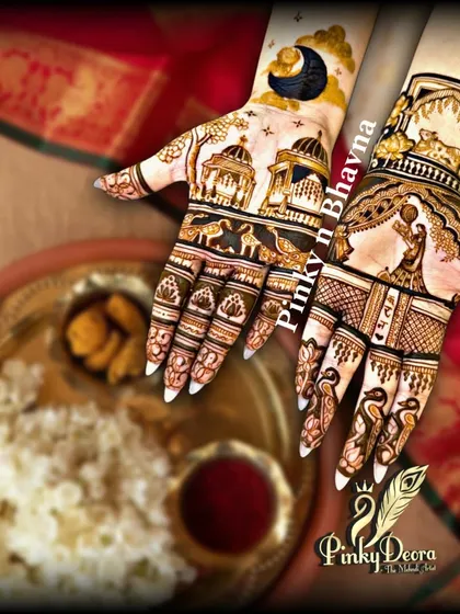 A beautiful Karwa Chauth design set against a festive backdrop. This piece features a scene of a woman looking at the moon through a sieve, with intricate patterns and traditional motifs completing the look.