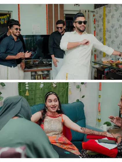 A fun collage from a '2states' Mehandi ceremony. It captures the groom's energetic dance and the bride's happy, surprised reaction, showing the lively and celebratory atmosphere of the event.