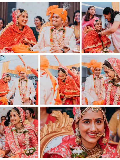 A collage capturing the many moods of a wedding ceremony, from solemn rituals to joyful smiles and candid interactions between the couple.