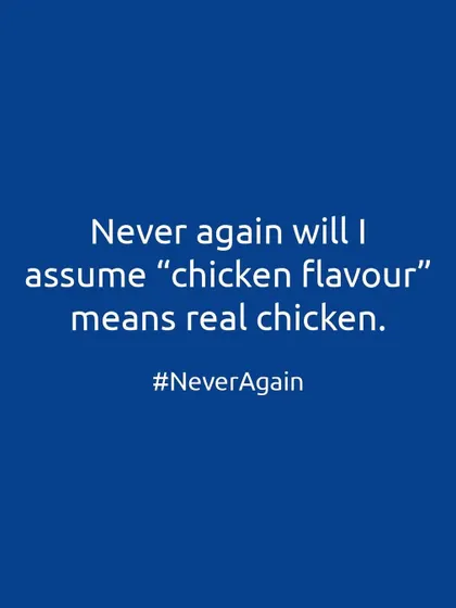 "Chicken flavour" does not mean real chicken. It's a marketing gimmick. Never again will we fall for these misleading terms. We demand real ingredients.
