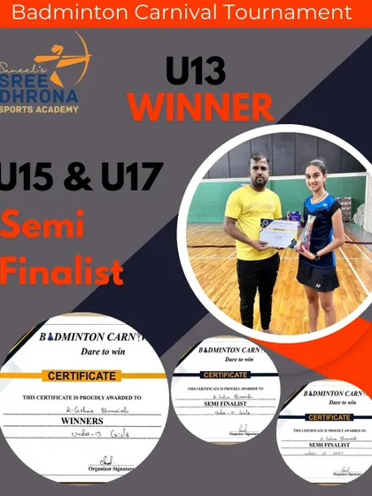 We are proud to showcase the success of our young talent, Gehna Bheemaiah. This graphic celebrates her victory as the U13 winner and a semi-finalist in the U15 & U17 categories at a recent Badminton Carnival Tournament.