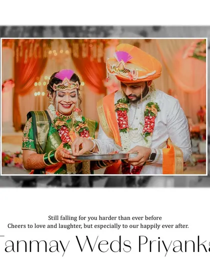 A beautifully edited photo of the couple during a wedding ritual, framed with a quote about their happily ever after. This image serves as a perfect memory of their special day.