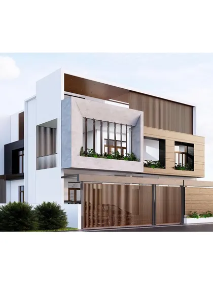 This exterior features a mix of materials including glass, stone, wood, and rotatable louvers. These elements are integrated to create a cohesive and dynamic facade that responds to both aesthetic and functional requirements.