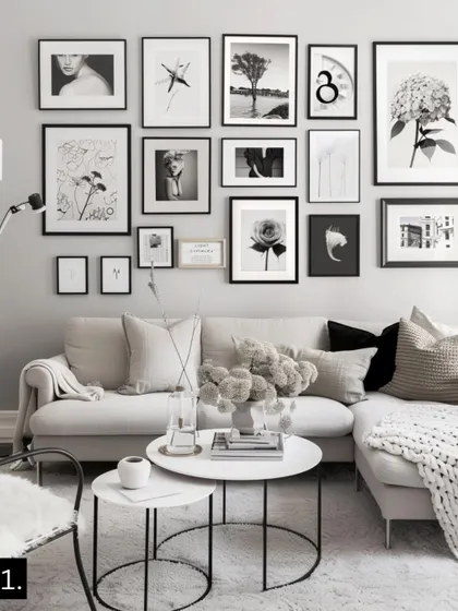 A well-designed gallery wall can define a room. This minimal Scandinavian layout uses a mix of thin black frames and monochrome art to create a clean, balanced, and sophisticated focal point above the sofa, proving that simplicity can make a powerful statement.