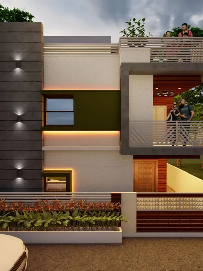 An elevation design for a client in Hyderabad. The facade features a prominent stone-clad column with exterior wall lights, creating a dramatic focal point, complemented by cantilevered balconies.