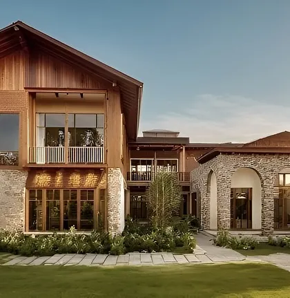 This farmhouse blends wooden accents with stone to create a unique harmony that feels both fresh and timeless. The design brings the outdoors in and the indoors to life.