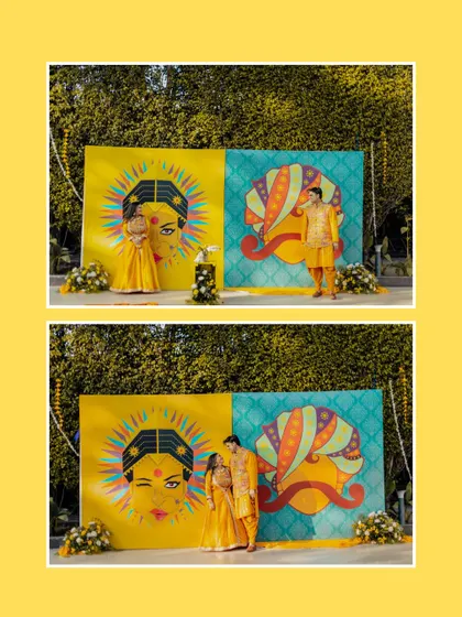 A fun and quirky diptych of the couple posing in front of a vibrant, graphic backdrop. Their playful poses add a touch of modern fun to the traditional Haldi ceremony.