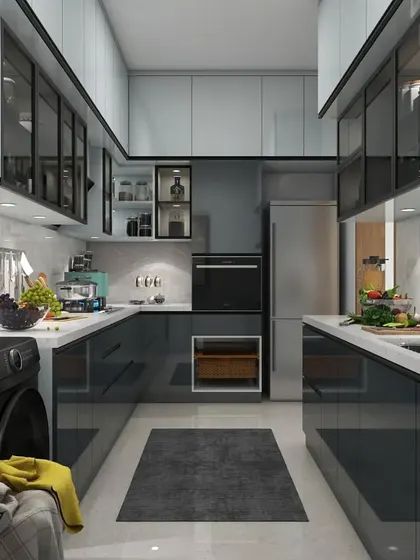 A duplicate of ID 130, providing a comprehensive look at the storage capacity and appliance integration in this kitchen.